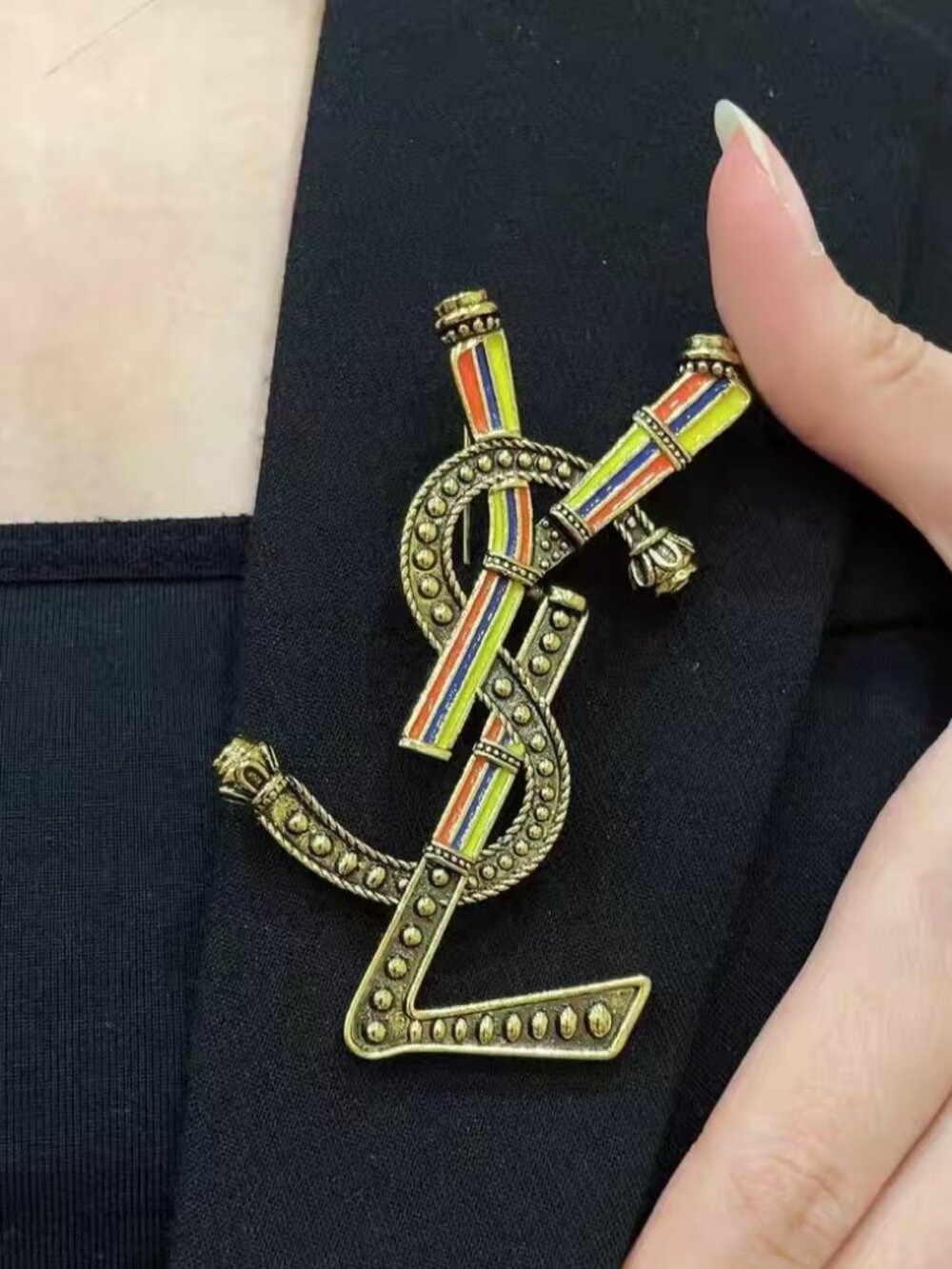 New Saint Laurent YSL Monogram Brooch with Enamel Stripe Detail